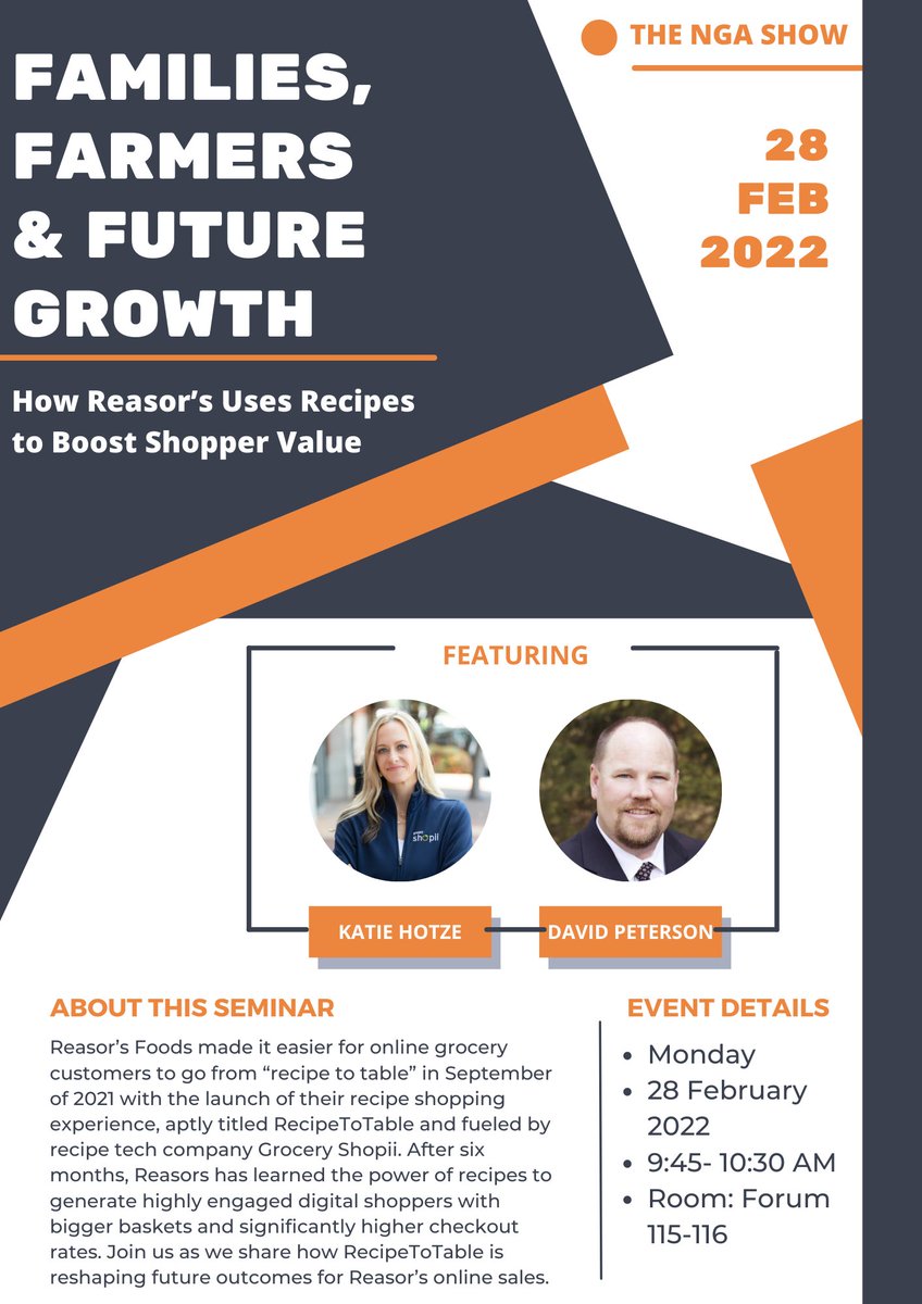 Mark your calendars! Grocery Shopii CEO Katie H. Hotze and Reasors President David Peterson Present: Families, Farmers, and Future Growth <a href="/TheNGAShow/">The NGA Show</a> . Read below for more information ⬇️