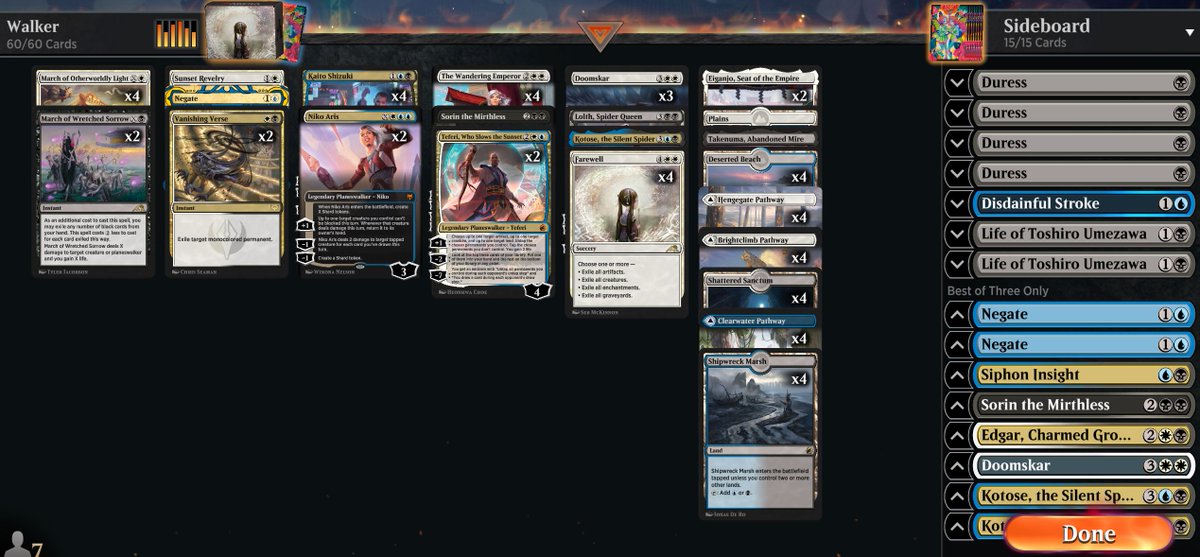 uebelst4r's tweet photo. After testing around with hundreds of Decks and ideas, i chose to made a run through diamond with this Esper Walkers Deck. I found it on Melee, but dont know who originally build it. Its a lot of fun to play! #CarnageMagic @CGCarnageGaming @RPGEEKS_ @MTG_Arena https://t.co/zBdlcMhJsD