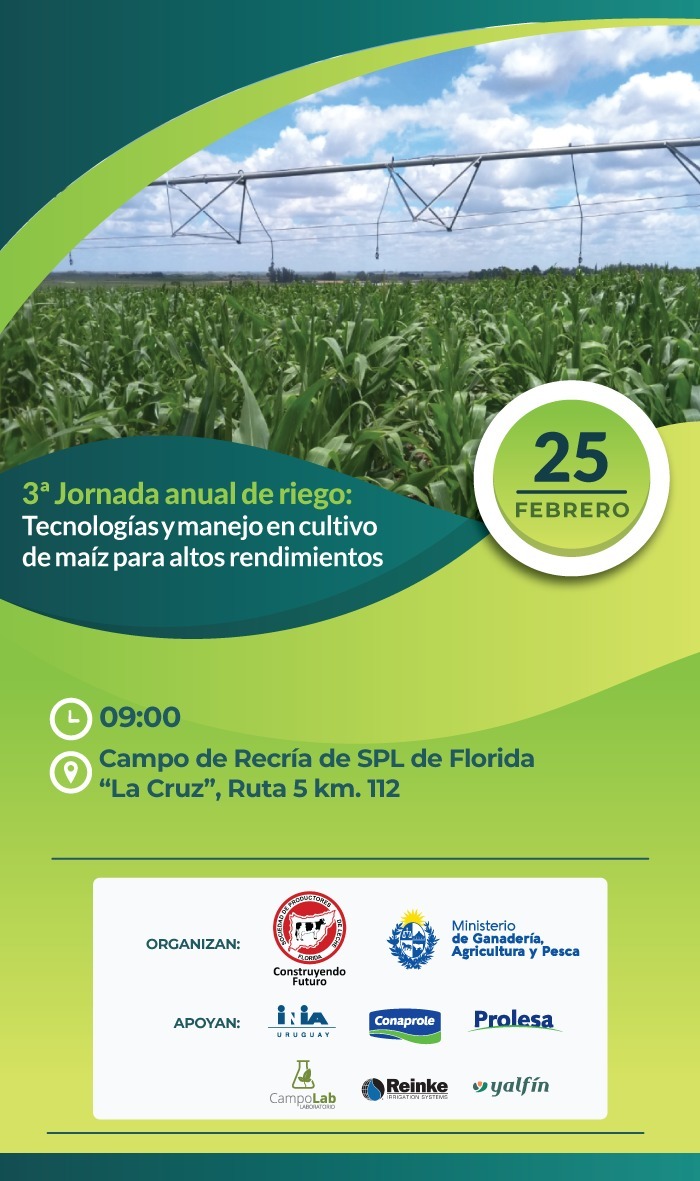 El MGAP a través de la Dirección de Recursos Naturales, la <a href="/_splf/">SPLF</a> e <a href="/INIA_UY/">INIA URUGUAY</a> organizan la 3era Jornada de Promoción de Riego: tecnologías y manejo en cultivo de Maíz para altos rendimientos.

🗓️viernes 25 de febrero ⏰9:00

Más información 👉bit.ly/34PshoE