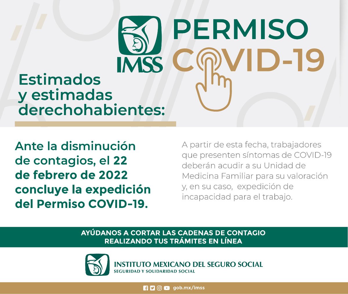 Tu_IMSS's tweet photo. Ante la disminución de contagios y de solicitudes de incapacidad temporal para el trabajo, a partir del 22 de febrero finalizará el otorgamiento del #PermisoCOVID.

https://t.co/PXlwOJlQlT https://t.co/2pKx0RoUav