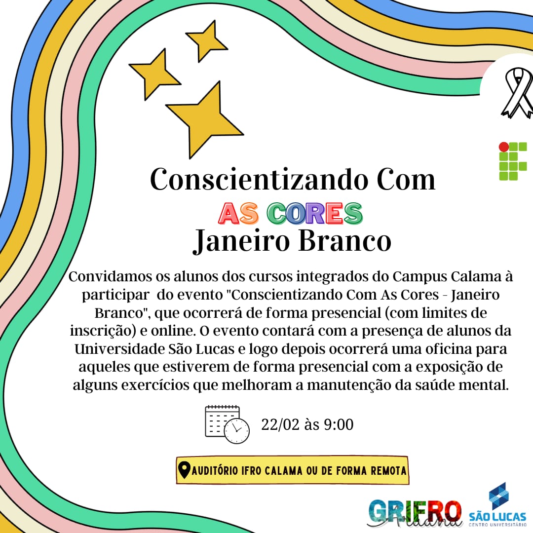 gremioDoIFRO's tweet photo. Olá, IFIANOS!!💚

A Coordenação de Esporte, Saúde e Meio Ambiente🌎, convida a todos os alunos a participar do primeiro evento do projeto "Conscientizando Com As Cores"🌈, onde iremos falar sobre o "Janeiro Branco", que busca conscientizar sobre a importância da Saúde Mental🧠 https://t.co/chZhsZr3F0