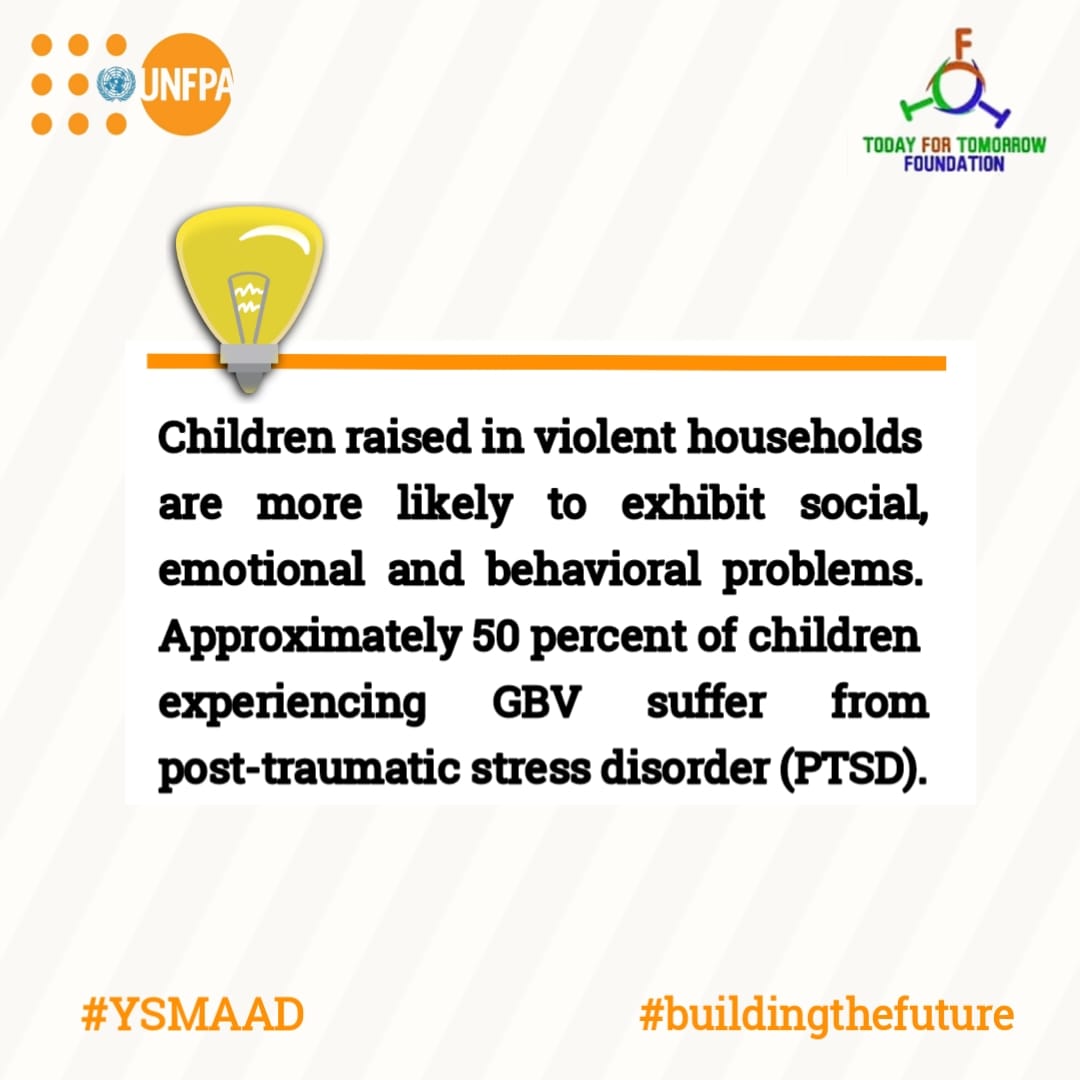 Everything we encounter has an effect on what we do and who we become. Children are shaped from childhood and thus, living in violent households can make them violent or even withdrawn with some form of disorders. We should work together to end violence #YSMAAD #EndGBV
