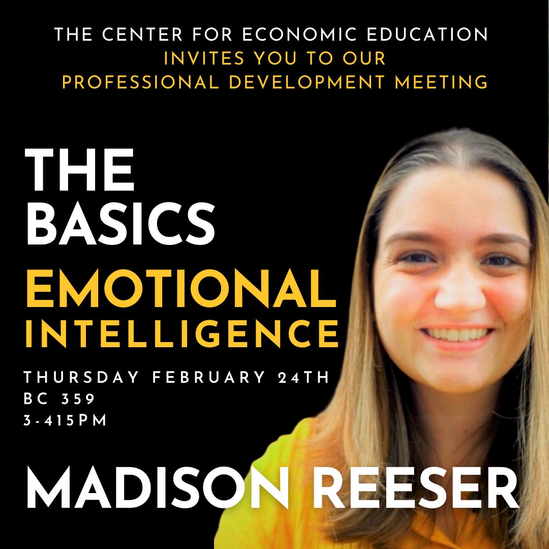 EconWithDrA's tweet photo. Stop by on Thursday to hear from Madison Reeser about emotional intelligence during our #CEEpros meeting. BC 359 3-415pm. https://t.co/ODsAXRmzJH