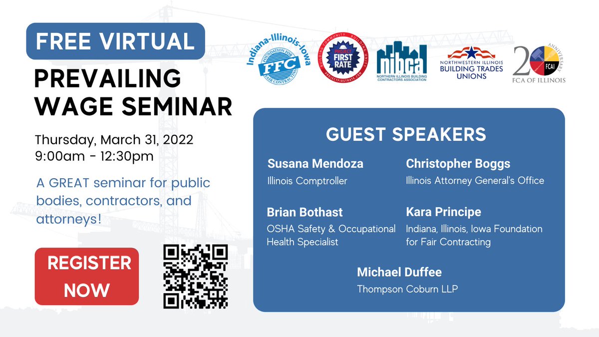 III_FFC's tweet image. Join us for a free virtual Prevailing Wage Seminar on March 31! This seminar is great for public bodies, contractors, and attorneys! 
For more information and to register, visit iiiffc.org/pwseminar