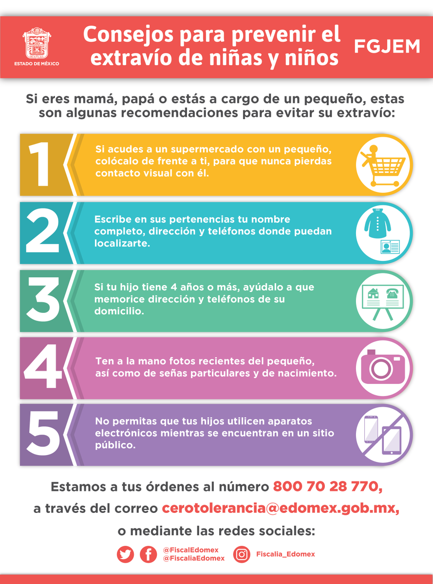 Te compartimos los siguientes consejos para prevenir el extravío de niñas y niños, comunícate con nosotros al 800 7028 770 o acude a cualquiera de nuestros Centros de Justicia. #FiscalíaEdoméx