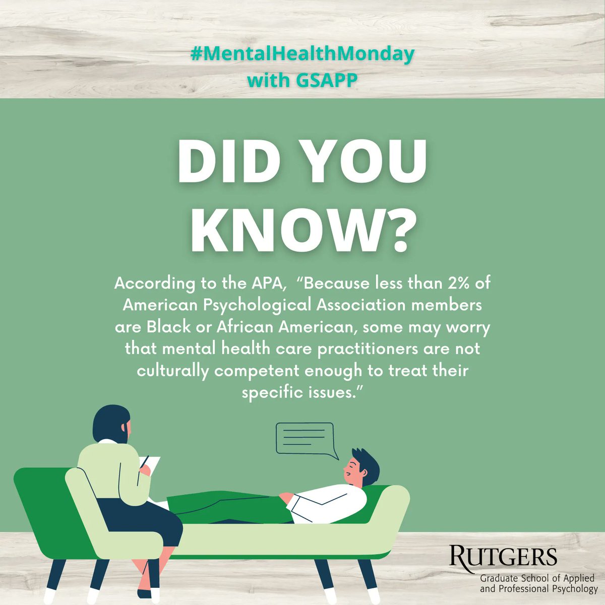 RutgersGSAPP's tweet photo. This #MentalHealthMonday, we're reflecting on another inequity in mental healthcare, which GSAPP is striving to change. #GSAPP #RUGSAPP #BHM2022 #MentalHealth https://t.co/Baprxpoqqn
