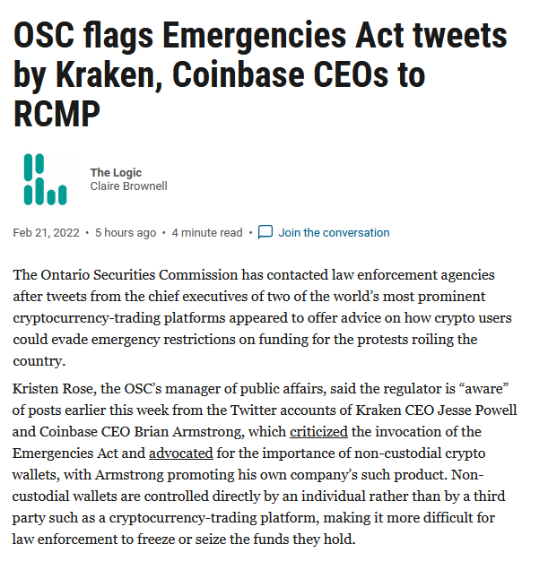 jp_koning's tweet photo. The Ontario Securities Commission recently reported crypto CEOs @jespow &amp; @brian_armstrong to the RCMP. I don't imagine this bodes well for the ongoing process of registering Kraken/Coinbase under Canada's new regulatory framework for crypto marketplaces: https://t.co/vNjdCnP6PN https://t.co/FTo1evKGhf