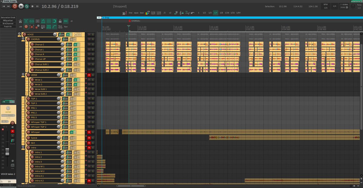 dayzrustream's tweet photo. Been editing vocals on stream.

Chorus is getting really strong! Although, there are still a lot of tracks to deal with. But I do enjoy the whole new level of understanding recording/editing/mixing pipeline.

+I'll be able to do things much faster in future.

#Reaper #Beatmaking https://t.co/uAWutfFWIV