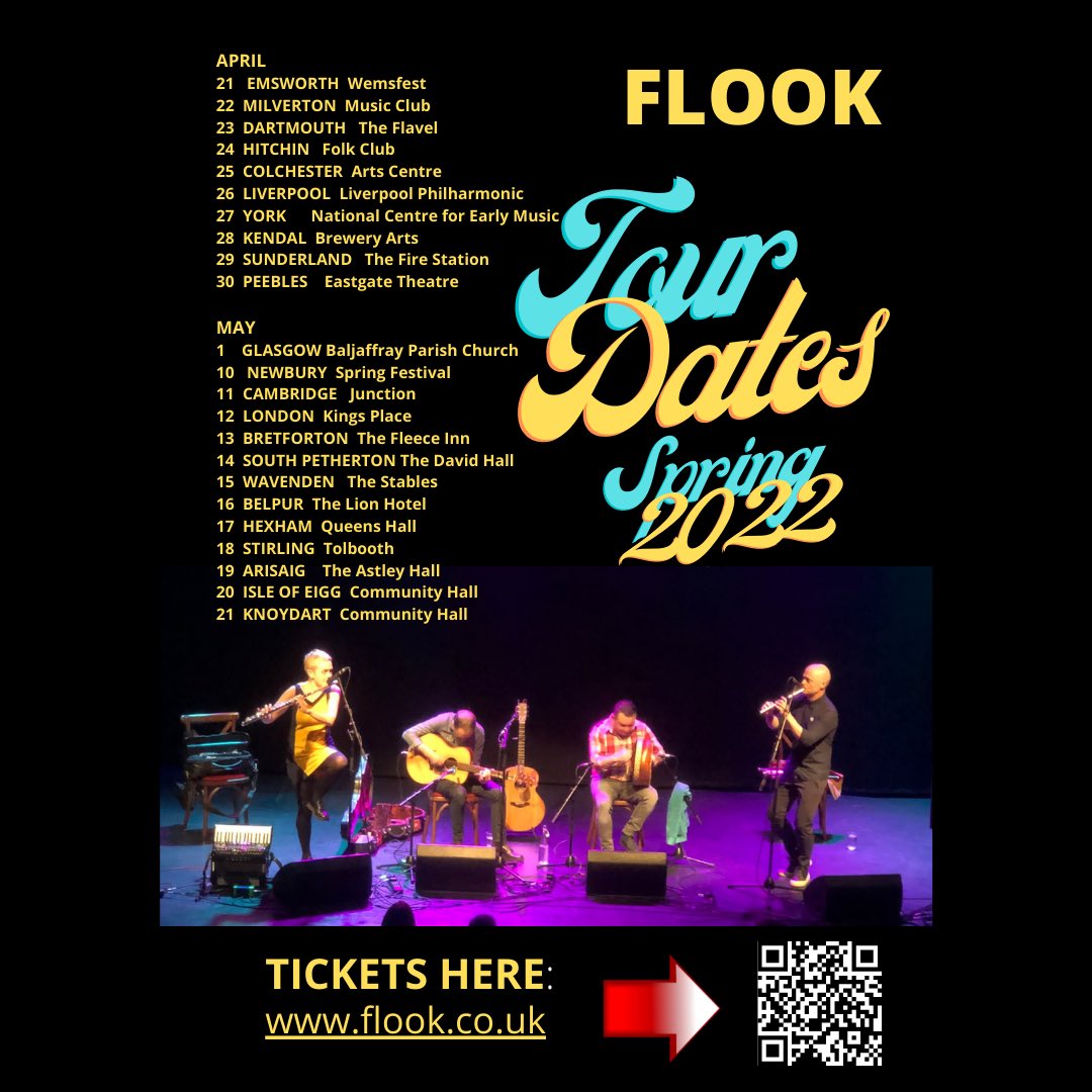 UK Spring Tour! Are we heading your way in April or May? Buy your tickets early and support live music! 
Please share this post! So happy to be back out on the road and playing live again! 🧡🎵🎶🎵

Ticket links here: flook.co.uk/tour-list/
