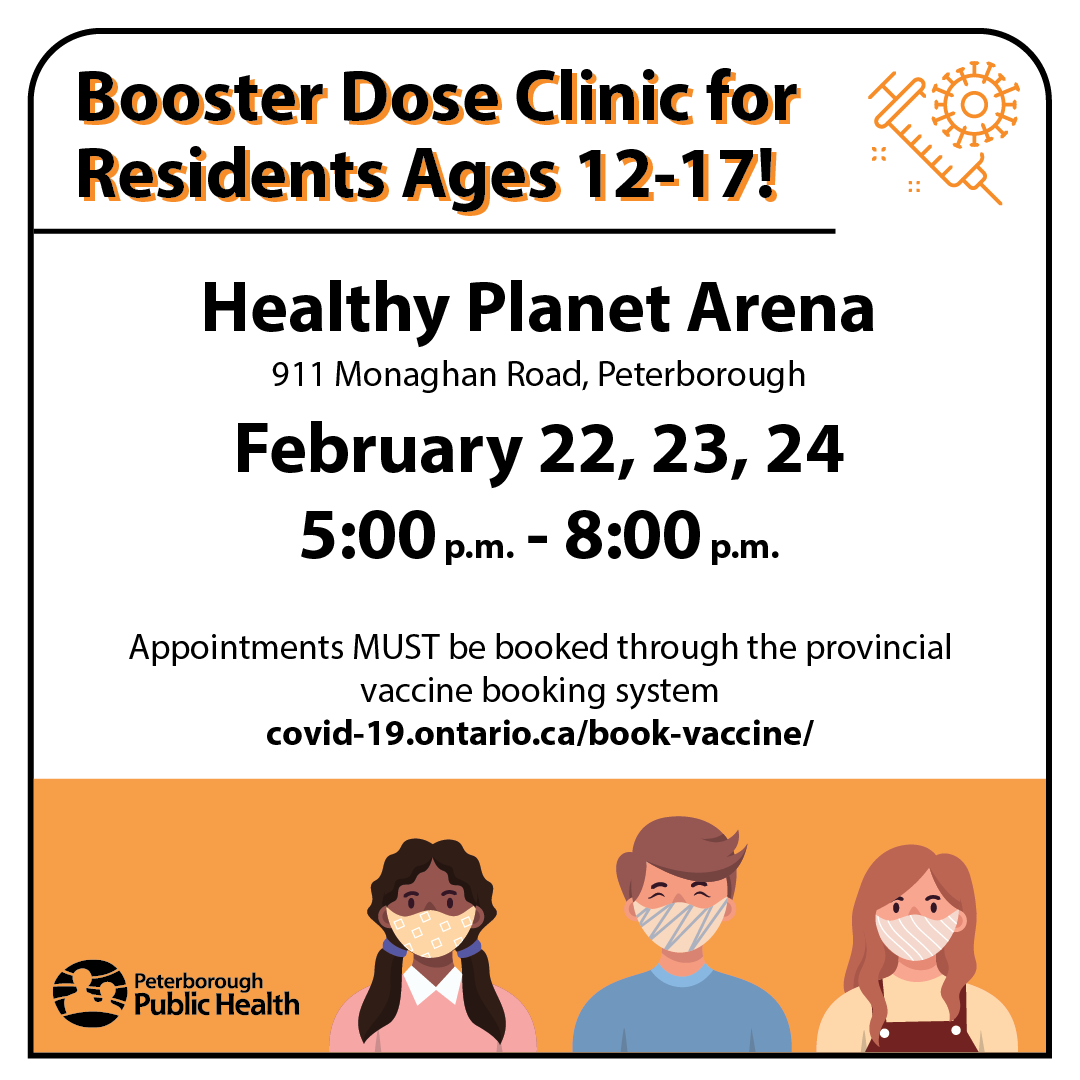 Ptbohealth's tweet photo. Booster dose clinics for residents ages 12-17 are being held at the Healthy Planet Arena this week. Residents are asked to book an appointment for their booster dose over the phone (1-833-943-3900) or online at https://t.co/tJ9dC5nxjv https://t.co/ftDypCPLvi