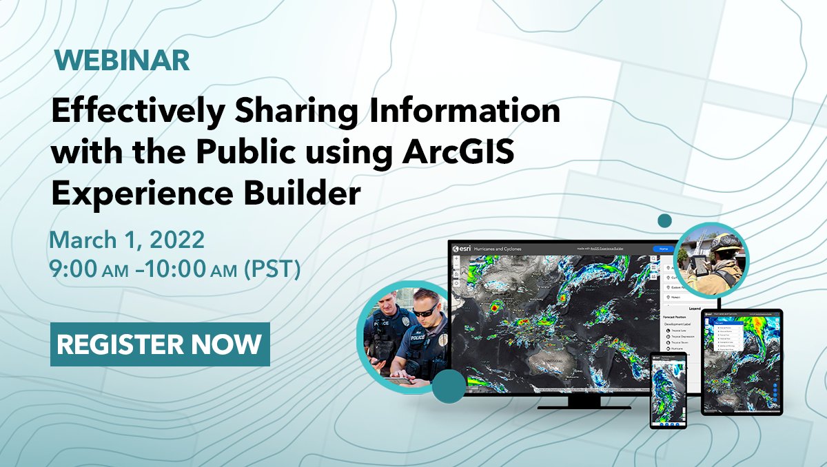 GISPublicSafety's tweet photo. Don't miss this upcoming webinar ! Learn how to:
•Configure the Public Information app template using #ArcGIS #ExperienceBuilder
•Optimize public information content for mobile devices
•Use best practices for sharing data with the public

Register:https://t.co/fx4WV643qN https://t.co/E4isC6KUrS