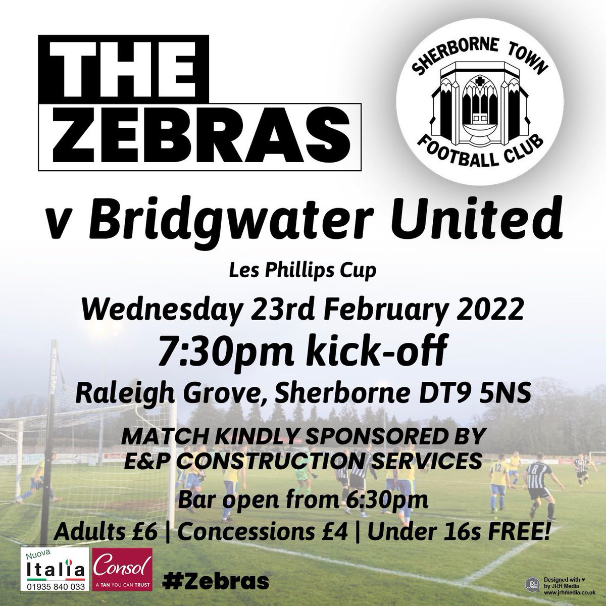 Don’t forget this Wednesday it’s our rearranged Les Phillips Cup clash with <a href="/BridgwaterUtd/">Bridgwater United FC</a> thanks again to our match sponsors E&amp;P Construction Services #Zebras #COYZ <a href="/Sherborne/">sherborne</a> #Dorset @TSWesternLeague <a href="/tswlfans/">Toolstation Western League Fans🇺🇦</a> <a href="/swsportsnews/">South West Sports News</a> <a href="/Abbey_104/">Abbey104</a> <a href="/sherbornetimes/">Sherborne Times</a> <a href="/SherborneTownCl/">Sherborne Town Council</a>