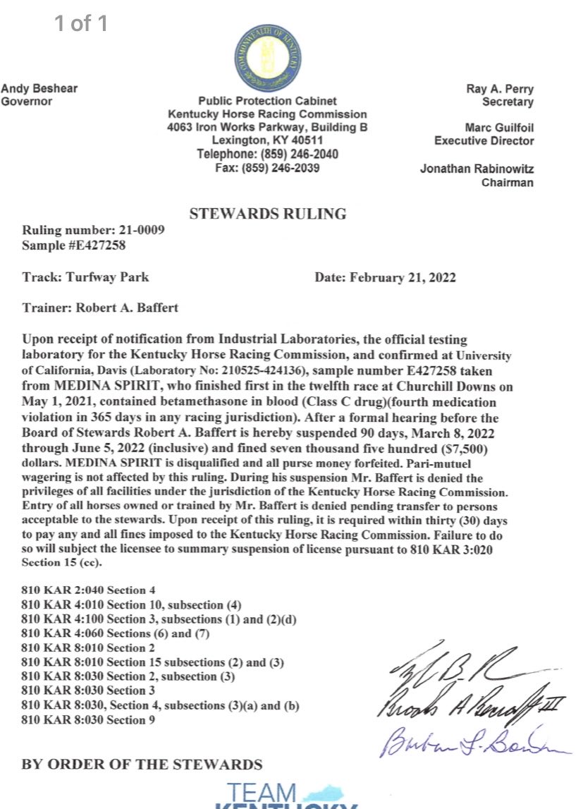 Official KHRC ruling on the disqualification of Medina Spirit from the 2021 Kentucky Derby.