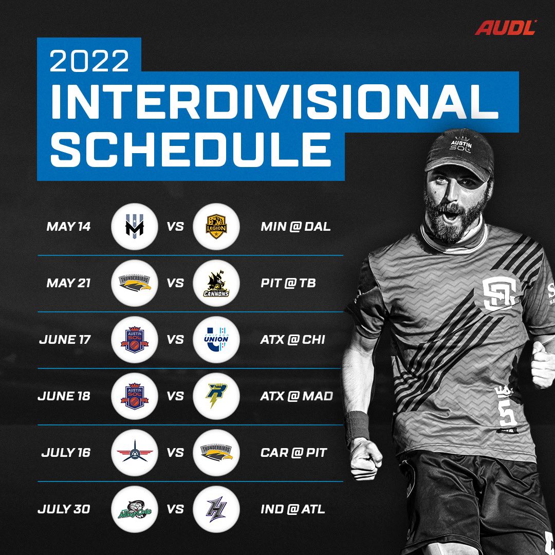 🌶 Spicy interdivisional slate for #AUDL2022

MIN-DAL
PIT-TB
ATX-CHI
ATX-MAD
CAR-PIT
IND-ATL