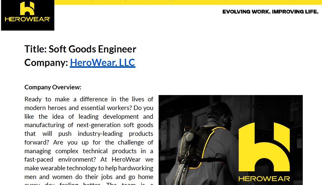 HeroWearExo's tweet photo. -- HeroWear is hiring! --
Soft Goods Developer/Engineer
We're looking for a #softgoods expert who is ready to make a difference in the lives of modern heroes and essential workers. Know someone?
https://t.co/FjZrdMXxxY
#jobs #hiring #textile #design #designer #textilejob https://t.co/m4QfcOGWwU