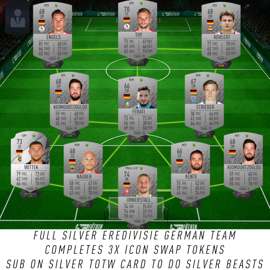 sub2waldy's tweet photo. The quickest way to complete the new Icon Swaps offline tokens is to use:
- A full Silver German Eredivisie team
- A full first owner Liga Nos team
This gets you all 5 Squad Battle tokens in 12 games, alongside other pack and player objectives
Like + RT to help others #FIFA22 https://t.co/fJpgFsdXBw