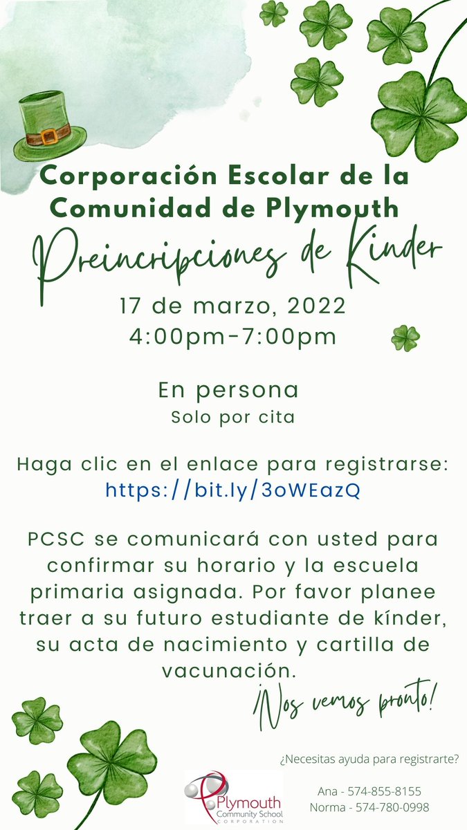 PCSC Kindergarten Roundup March 17, 2022 4:00 p.m.-7:00 p.m. In-person by appointment only
bit.ly/3oWEazQ

Corporación Escolar de la Comunidad de Plymouth
Preincripciones de Kinder
17 de marzo, 2022
En persona Solo por cita
Haga clic en el enlace para registrarse