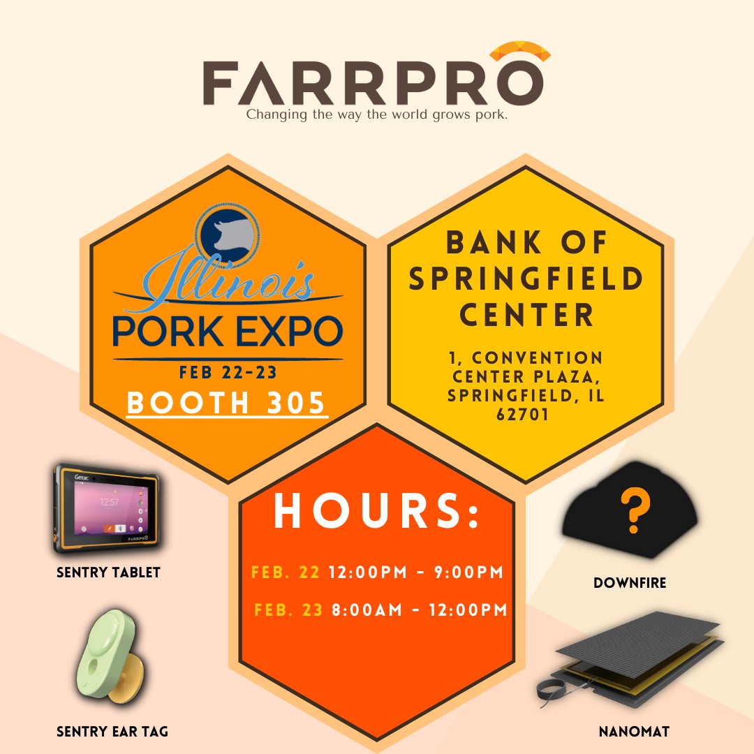 FarrPro's tweet image. Our team will be at the ILLINOIS PORK EXPO from February 22-23!

We’re excited to show you all the advancements we have made in the AGTECH space!

The products that will be out for display:
Sentry Tablet
Sentry Ear Tags 
NanoMat
DownFire *UNRELEASED*

We can't wait to see you!
