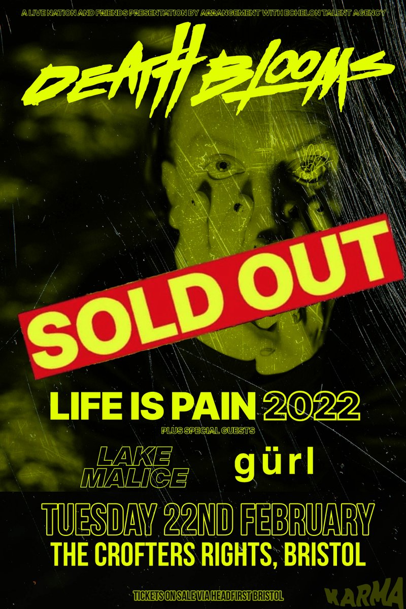 Our second show of the year, and it's another SELL OUT! 

Very excited to have <a href="/dthblms/">Death Blooms</a> back in Bristol tomorrow night with <a href="/lakemalice/">Lake Malice</a> &amp; <a href="/thegurlband/">gürl</a>.