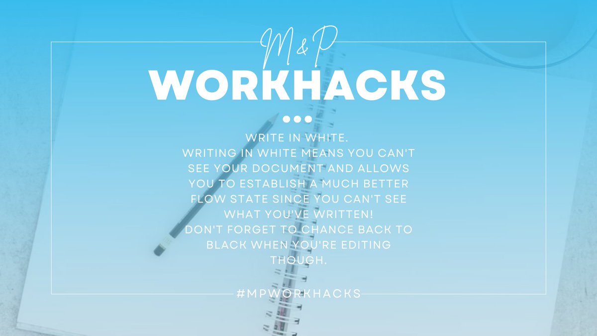 MearnsPike's tweet photo. To separate writing from editing and establish
a good state of flow, write your documents in white
first to get all of your ideas down, then change the
colour so you can edit what you've written!
#pr #lovewhatyoudo #business #wfh #WorkHack
#MPWorkHacks #flowstateofmind https://t.co/nJYrknPJfc