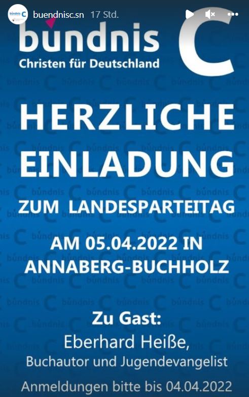 exilsaxe's tweet photo. Die fundamentalchristliche Kleinstpartei „Bündnis C – Christen für Deutschland“ will am 5. April 2022 in #AnnabergBuchholz ihren Landesparteitag abhalten. 
#christlicheRechte 
#sächsischerBibelgürtel https://t.co/R3nsFwScGR