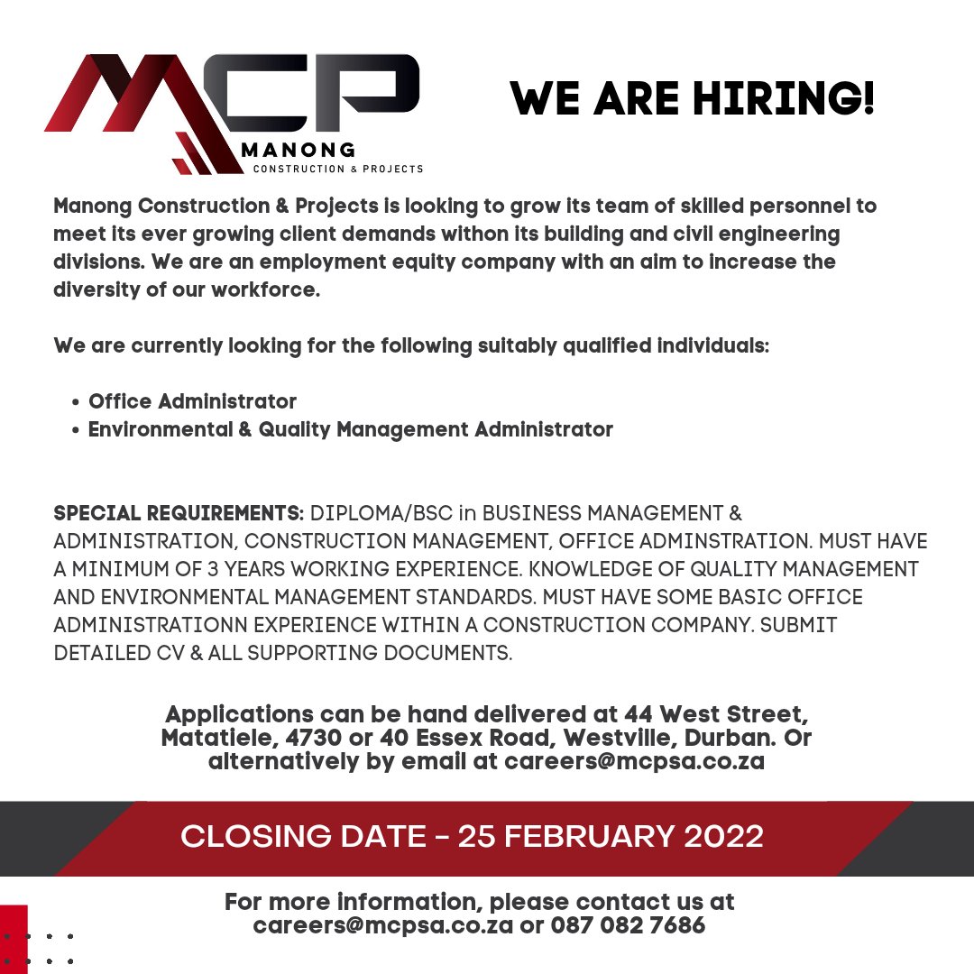 MCPSA1's tweet photo. Manong Construction &amp; Projects is looking to hire an Office Administrator and Environmental &amp; Quality Management Administrator at its Matatiele. If you qualify, apply today. The closing date is 25 February 2022. https://t.co/2ZYc56WpZh