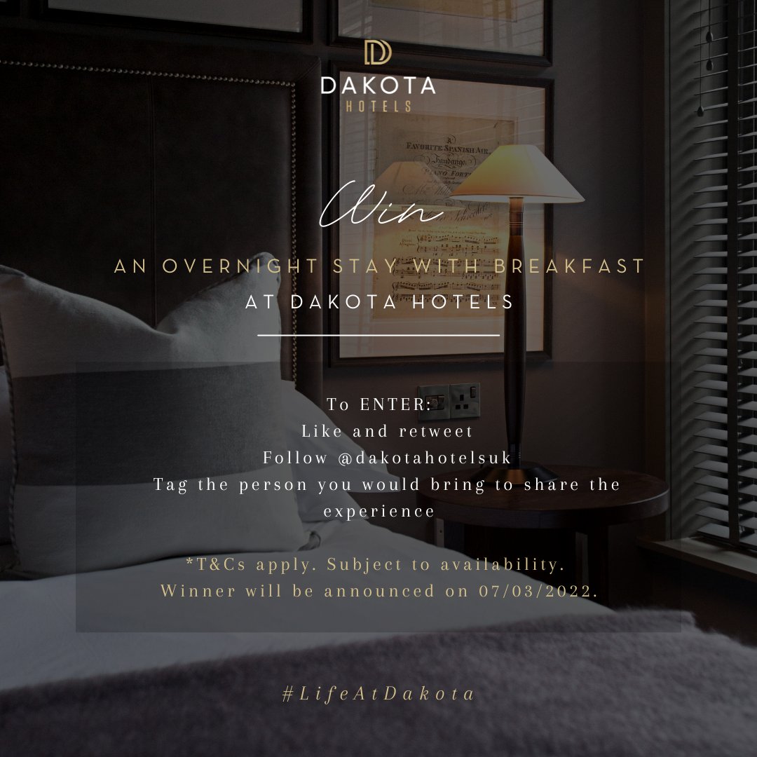 WIN an overnight stay with breakfast at your preferred Dakota! ✨

To ENTER:
⮕ Like and retweet
⮕ Follow <a href="/dakotahotelsuk/">Dakota Hotels</a> 
⮕ Tag the person you would bring to share the experience

*T&amp;Cs apply. Subject to availability. Winner will be announced on 07/03/2022.

#competition #win