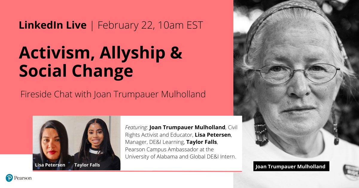 Event card with headshot, text reads: Activism, Allyship & Social Change | Fireside Chat with Joan Trumpauer Mulholland.