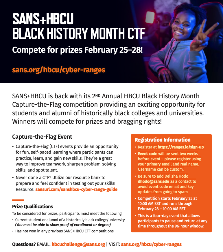 SANSInstitute's tweet photo. THIS WEEK! Don't miss our 2nd annual SANS+HBCU #BlackHistoryMonth Capture-the-Flag for students &amp; alumni of any #HBCU interested in #Cybersecurity | Come test your skills in this fun  and exciting CTF!

Register at https://t.co/Wy7cTbJ2mN
Event code: purple-rock https://t.co/yWkWwu5sH3
