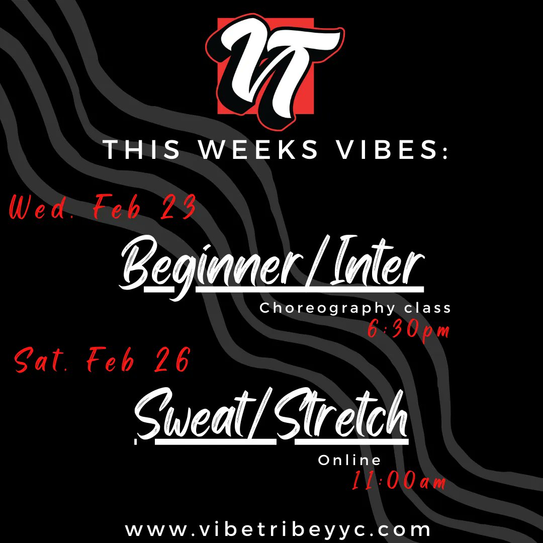 VibeTribeYYC's tweet image. This Weeks Vibes:
Feb 23rd - 6:30pm BegInter Choreography (open to all ages and abilities)
Feb 26th - 11am Sweat/Stretch ONLINE (FREE) 
Sign Up: vibetribeyyc.com
Stay Vibey
#dance #yyc #calgary #choreography #exercise #hiphop #danceyyc #choreographer #vibetribeyyc