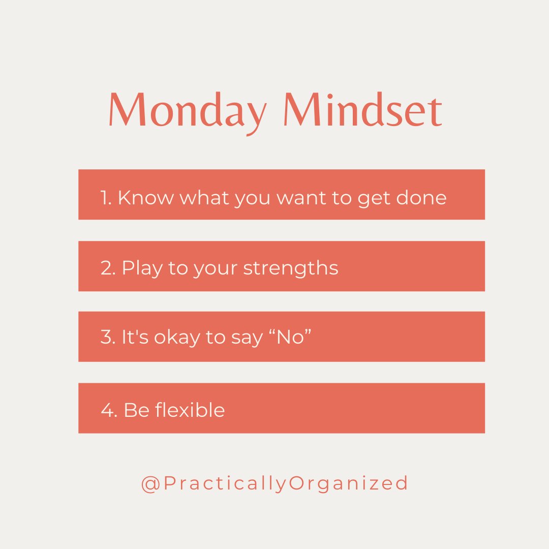 Happy Monday!
Are you in the right mindset today?

-Know what you want or need to get done? 
-Play to your strengths
-Say 'No' more 
-Be flexible

How you're pumping yourself up today!