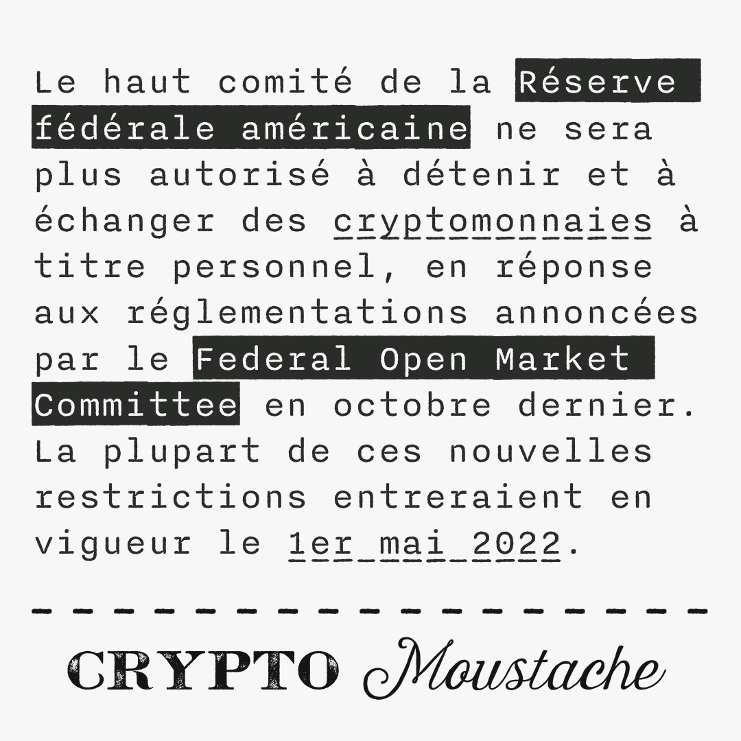 Lisez notre article sur cryptomoustache.fr !

#cryptomonnaie #cryptomonnaies #cryptomonnaiefrance #cryptomoustache #crypto #actualités #actualité
#magazine #blog #webzine #blockchain #bitcoin  #reservefederale #fed #EtatsUnis