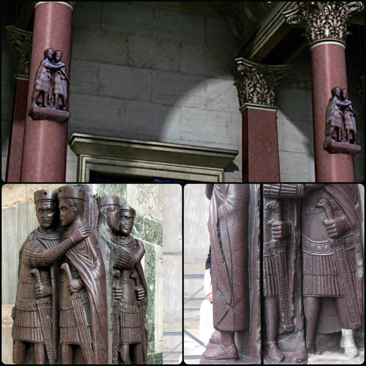 I saw this byzantium1200 reconstruction of the porphyry statue of the Four Tetrarchs(top), and initially felt skeptical. But looking at a side view, one can see the rounded column like curved stone behind the figures (bottom right). Seems the Venetian just chiseled it right out