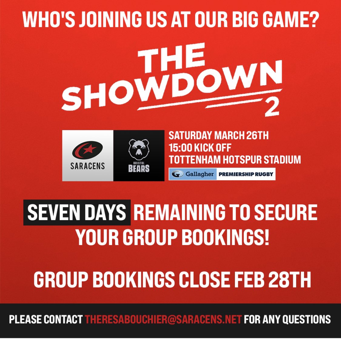 GROUP TICKETS BOOKING DATE EXTENDED FOR THE SHOWDOWN 2 AT TOTTENHAM STADIUM #thesshowdown2 #challengeaccepted #sarries #saracens #SARvBRI