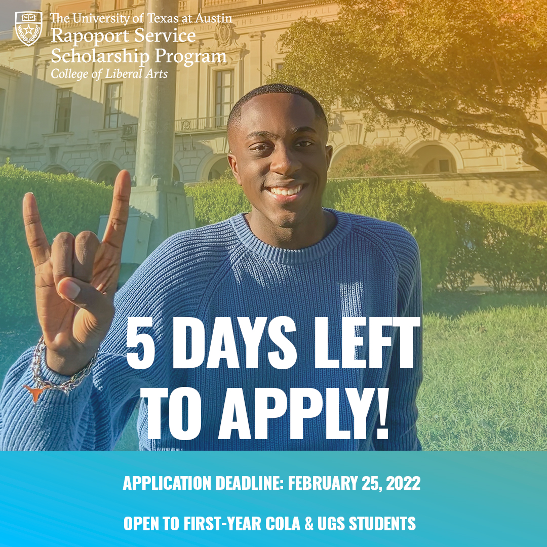 UT_Rapoport's tweet photo. #UT2025 Need more time to submit your application to the Rapoport Service Scholarship Program? The deadline has been extended to February 25th @ 11:59pm. Don’t wait to submit your application materials in today! #linkinbio #UT https://t.co/sO95mw83I4