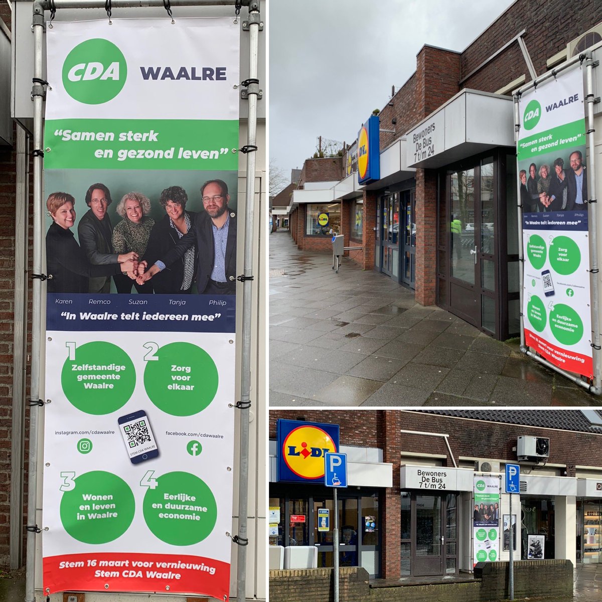 24/7  campagne met CDA banner in winkelcentrum de Bus voor de gemeenteraadsverkiezingen. Met aandacht voor de 4 hoofdthema’s. #teamcda #waalre #waalredorp