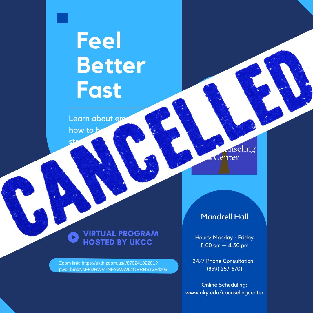Unfortunately due to staff illness, the Feel Better Fast workshop at 1pm will be cancelled today. It will happen next Monday at 1pm! Drop by the relaxation room in Mandrell Hall 214 or attend Let's Talk from 3-5pm in Lewis Hall for drop-in support today!