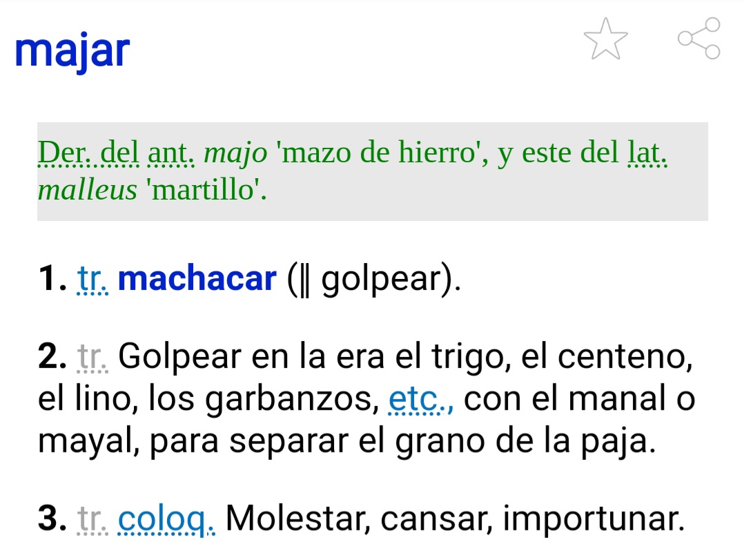 escribacr's tweet photo. La palabra del día de la @RAEinforma. Ejemplos: 1. Elisa maja las especias para agregarlas a la cocción; 2. Luisa maja las plantas para recoger los granos; 3. José maja a sus compañeros de clase.
#LaPalabraDelDía #majar #derivado #antiguo #majo #MazoDeHierro #latín #malleus https://t.co/ykNxWUZmC1