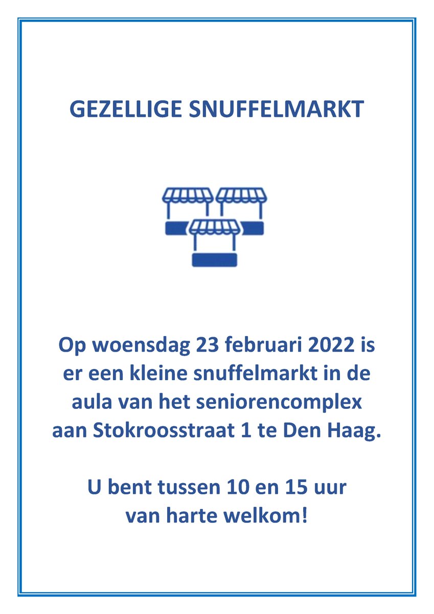 Gezellige kleine #snuffelmarkt op woe 23-2 in seniorencomplex Stokroosstraat 1 #DenHaag (naast Segbroekcollege). Ons mams doet mee, dus RT = lief

<a href="/VruchtenPers/">Wijkberaad Vruchtenbuurt</a> <a href="/DeBomenbuurt/">Bomenbuurt Den Haag</a> <a href="/Bomenenbloemen/">Bomen & Bloemenbuurt</a>  
#vlooienmarkt #koopjes #hergebruik #preloved #2dehands