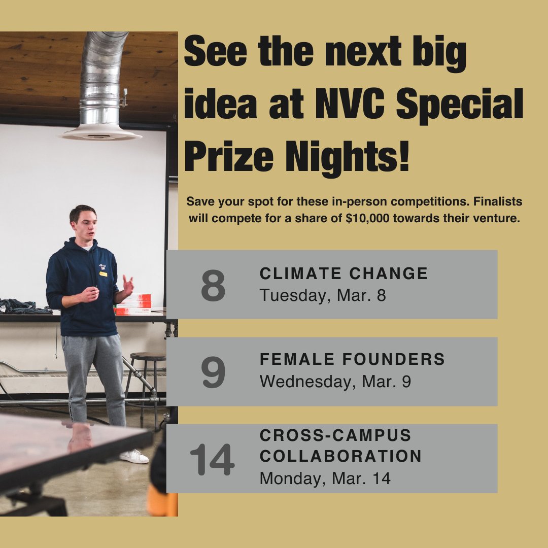 InnovateCUBldr's tweet photo. Save your spot for #NVC15 Special Prize Nights!
- Climate: For ventures addressing climate change
- Female Founders: At least one founder identifies as female
- Cross-Campus: Team members are from more than one @CUBoulder campus
Register today: https://t.co/KHctphTSqy https://t.co/dm2QYNt7Ls