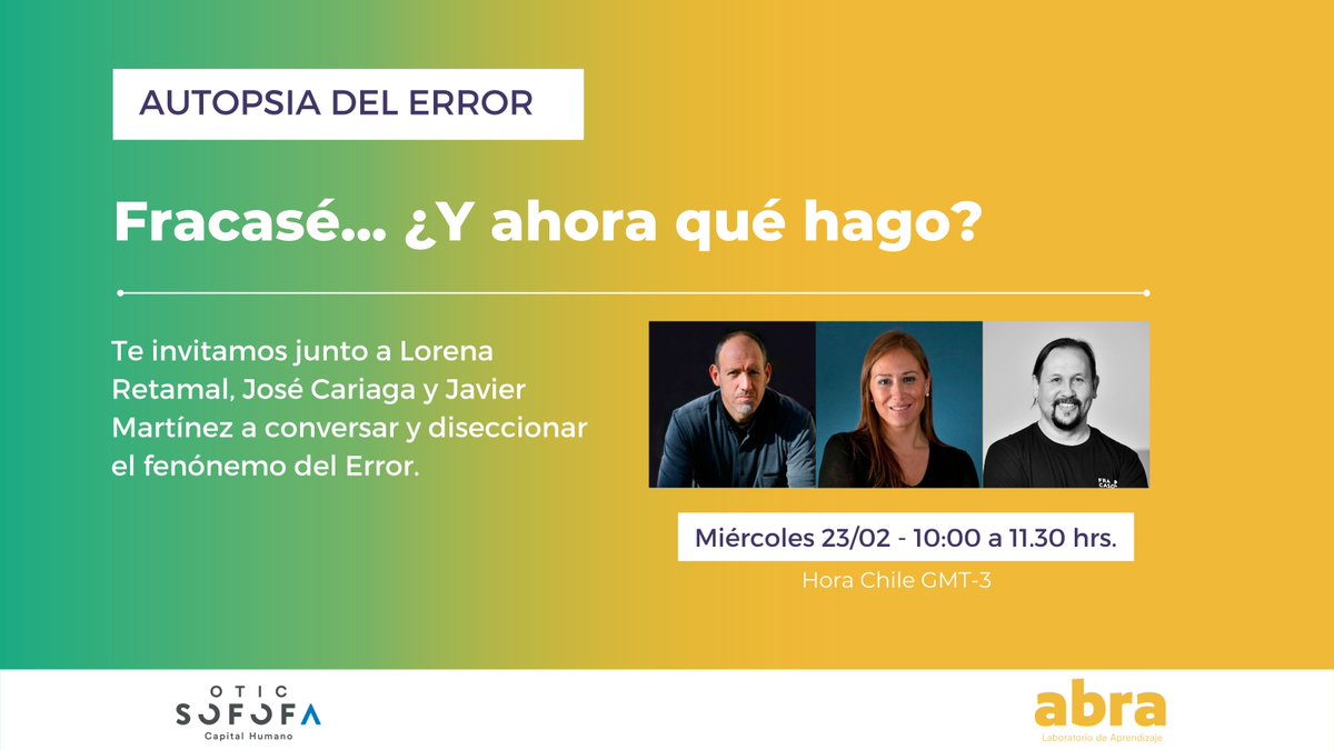 🤔 ¿Por qué es importante aprender de nuestros errores? ¿Cuál es el impacto que tienen en el futuro? Prepárate para #AutopsiaDelError repasando el ciclo #RetrovisorAbra y enfrenta este año con un mindset diferente.
👉 Revisa las charlas anteriores  en abraaprendizaje.com/index.php/acti…