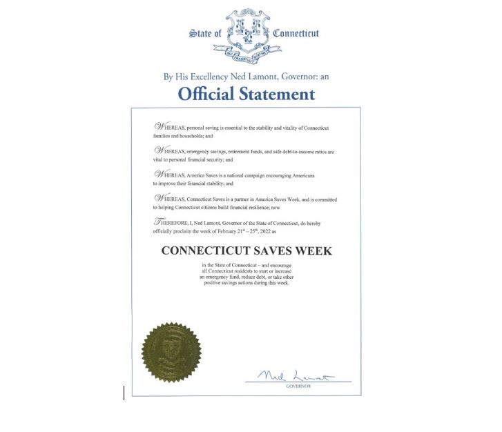 CTSavesCampaign's tweet photo. Connecticut Saves Week is here. It's official-- here's a proclamation from Governor Ned Lamont! Take action to move closer to your financial goals! The Connecticut Saves Partners will be sharing lots of encouragement and tips to help you on your way! #CTSaves #ASW2022 https://t.co/QJzNPDrlhg