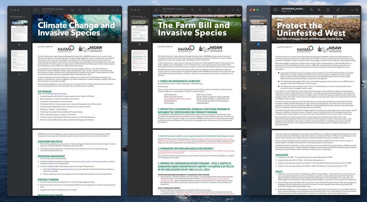 NAISMAorg's tweet photo. Three new invasive species position papers, just in time for National Invasive Species Awareness Week! Now on https://t.co/NBJjELc9k8

#ClimateChange #FarmBill #AIS #ZebraMussels #QuaggaMussels #InvasiveSpecies #NISAW https://t.co/Y0LTIqlPnB