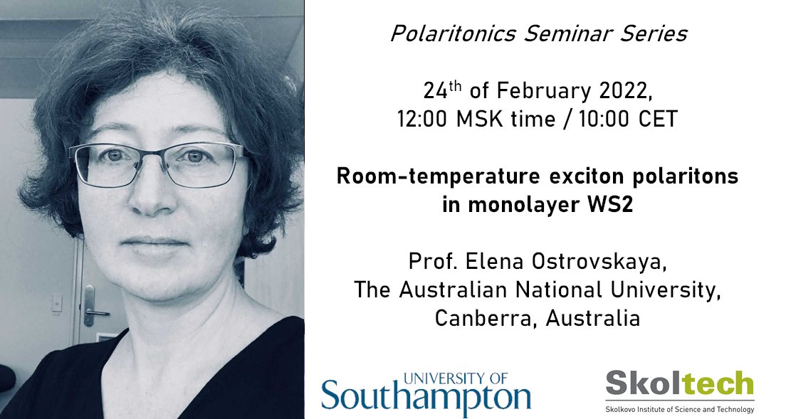 lagoudakis_p's tweet photo. I'm happy to announce that Prof. Elena Ostrovskaya will be speaking this Thursday as part of our Polaritonics Seminar Series. She'll discuss her work on "Room-temperature exciton polaritons in monolayer WS2". All details on the event page: https://t.co/VMww4JoKMZ https://t.co/5nhNLUULUa