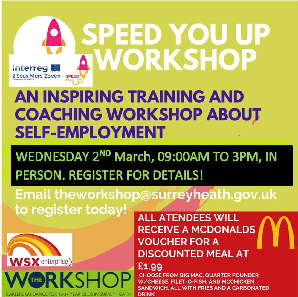 WSX_YoungEntrep's tweet photo. We would like to invite you to the free of charge #speedyouup training day on Wednesday 2nd March in Camberley's workshop! @SurreyCCCareers @SurreyInfoPoint @JCPinSurrey @SurreyCouncil @WSXEnterprise @Inspiring_Ent #selfemployment #career https://t.co/o2inGU0cPR
