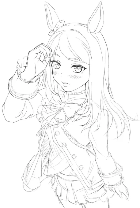 体のバランスに違和感があったので、ほぼ全面的に描き直しました。
体を赤い線で描き、その上から服を着せるようにして描くと上手くいくようです。ご参考まで(^^)
  ←修正前 ・ 修正後→
#ウマ娘 #メジロマックイーン 