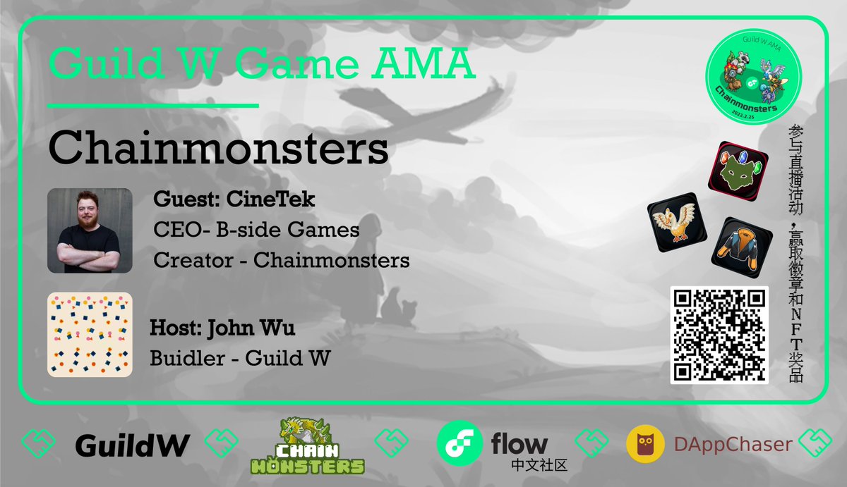 DAppChaser and <a href="/marrowdao/">MarrowDAO | Guild W</a> will be hosting an #AMA with <a href="/ChainMonsters/">Chainmonsters</a> 
📆02/25 Friday 20:00 UTC+8
🎙️<a href="/CineTekDev/">Maximilian Weber</a> CEO-B-side Games, Creator-Chainmonsters
🔗 Link: live.bilibili.com/24402891
Follow <a href="/FlowFansChina/">Flow Fans China中文社区</a> <a href="/ChainMonsters/">Chainmonsters</a> and RT. There will be a #NFTs #Giveaway during the #AMA