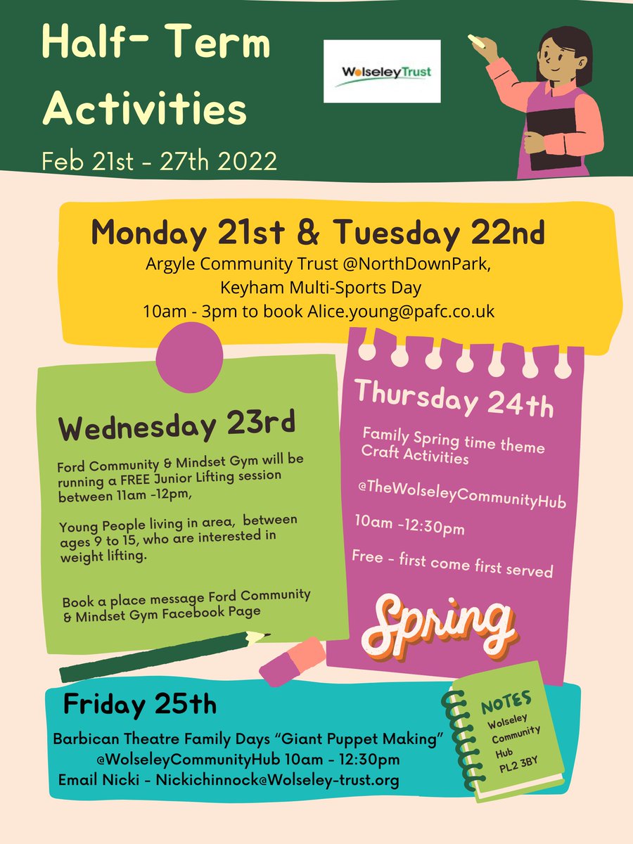 📣HALF TERM ACTIVITIES IN KEYHAM📣 Check out the poster below to see what is happening this half term in Keyham 😀👍💚. @KCPTPlymouth @KeyhamNhw #saferplymouth #plymouthtogether Wolseley Trust
