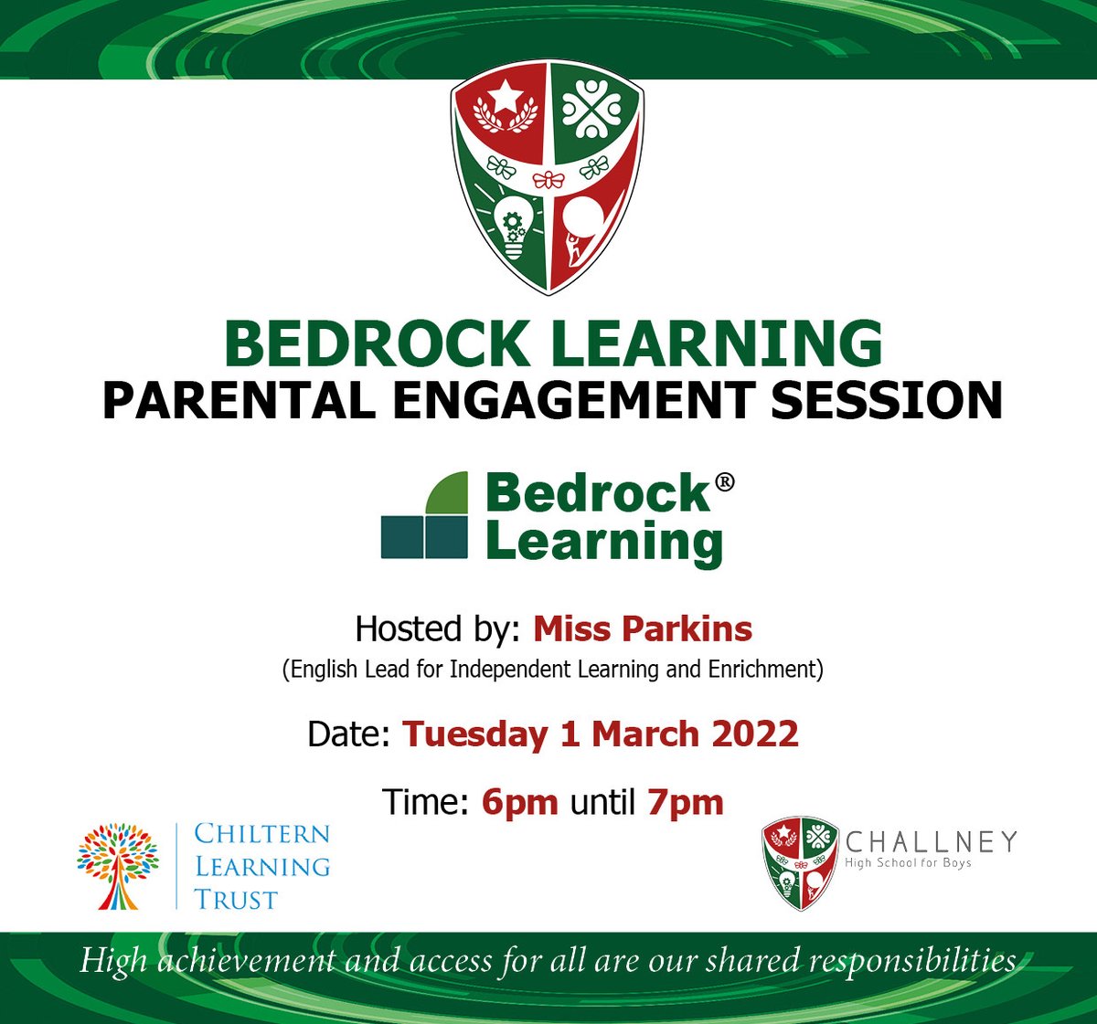 Virtual <a href="/Bedr0ckLearning/">Bedrock Learning</a> Parental Engagement Session

➡️Hosted by: Miss Parkins 
(English Lead for Independent Learning and Enrichment)

🗓️Date: Tuesday 1 March 2022

⏰Time: 6pm until 7pm

If you have any queries, please email mparmar@challneyboys.co.uk