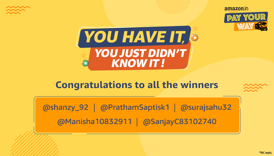 amazonIN's tweet photo. The wait is over and we have the winners of the Pay Your Way contest. Congratulations to all the lucky winners. Kindly DM us with your details to claim the prize.
@Manisha10832911 
@surajsahu32
@PrathamSaptisk1
@SanjayC83102740
@shanzy_92 https://t.co/ZQJbJcG3dF